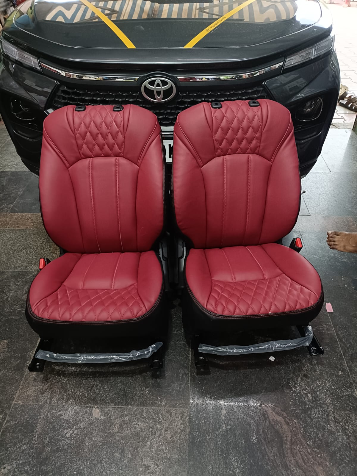 Custom seat covers installed by F2 workshop